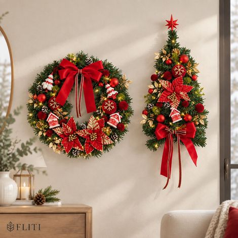 FLITI Christmas Decoration Set: Wreath and Inverted Tree with Integrated Warm LED String Lights (40cm and 50cm) (1/5)