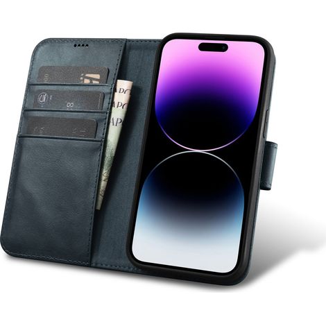 Étui portefeuille 2 en 1 en cuir pour iPhone 14 Pro Max, anti-RFID, ciré à l'huile, bleu (1/5)