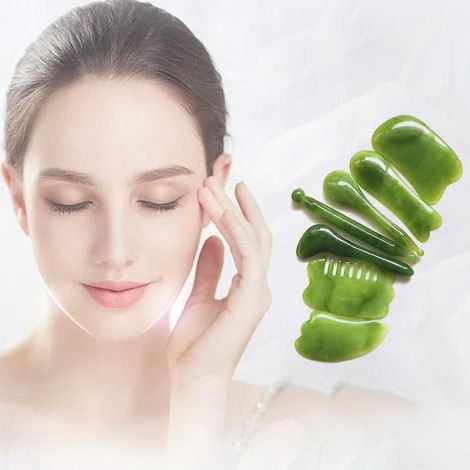 Ensemble de 7 pièces Gua Sha, outils de massage amincissants en pierre de jade naturelle pour spa (rose) (1/4)