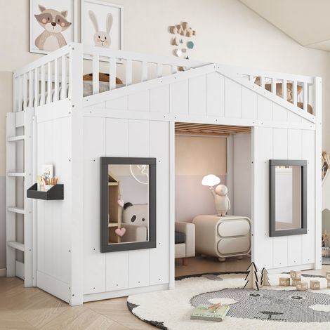 Lit superposé enfant 90x200 cm, avec escalier garde corps, style cabane,espace de jeu sous le lit,structure en pin et MDF, blanc et gris (1/5)
