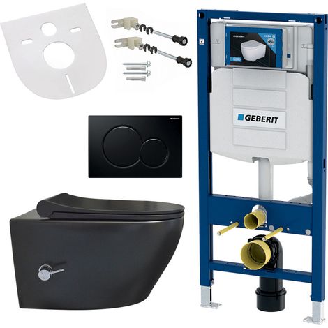 Spülrandloses Hänge WC mit Softclose Deckel, Armatur, schwarzer Betätigungsplatte kompatibel mit Geberit Vorwandelement Spülrandloses Hänge WC mit Softclose Deckel, Armatur, schwarzer Betätigungsplatt (1/5)