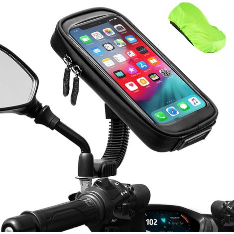 Support Telephone Moto étanche Rotation à 360° Support Smartphone Moto Scooter avec Habillage Pluie Porte Téléphone pour Moto Rétroviseur Jusqu'à 6.7"