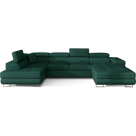 Canapé panoramique convertible ROMANO velours - Rangement et appuie-têtes réglables-Vert foncé-Coffre à gauche (1/5)