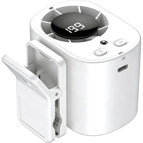 Ansteckbarer Autoventilator mit LED-Anzeige, Nachtlicht, 360°-Drehung, USB-Ladefunktion, weiß. (1/5)