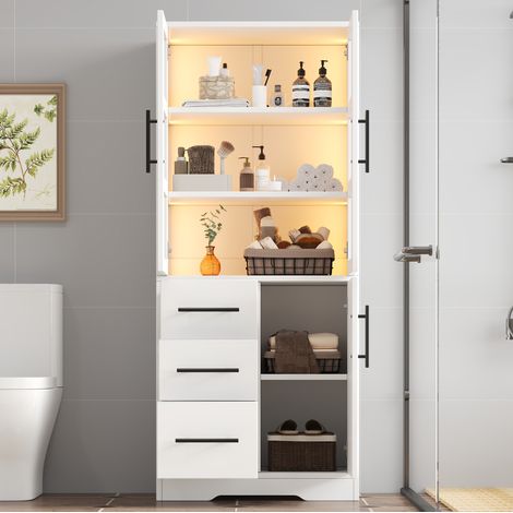 Mueble de baño moderno blanco de MDF y vidrio 72x35x170 cm con LED, 3 cajones, 2 puertas de vidrio y estantes ajustables (1/5)