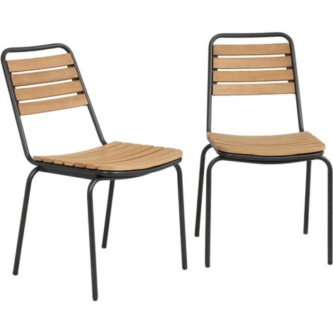 Set di 2 sedie da giardino resistenti alle intemperie, realizzate in acciaio e legno, impilabili con schienale, portata massima 160 kg, legno naturale, consegna in loco. (1/5)