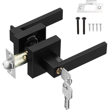 Poignée de porte intérieure noire avec serrure et clé - Poignée de porte d'entrée carrée pour chambre à coucher, bureau, gaucher ou droitier (1/5)