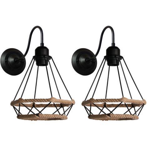 royaluxe- (2PCS)Applique Murale Rétro Vintage Applique Murale En Corde De Chanvre Ø20CM Lampe Murale En Cage Métallique Pour Café Bureau Salon Bar Noir (1/5)