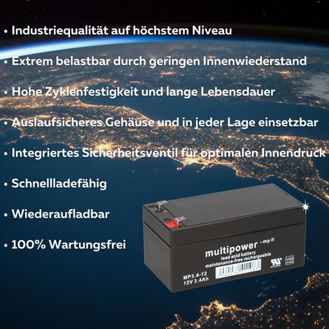 Multipower MP3,4-12 AGM Bleiakku 12V 3,4Ah Faston 4,8 mm für Alarmanlage, Notbeleuchtung & Sicherheitstechnik (1/5)