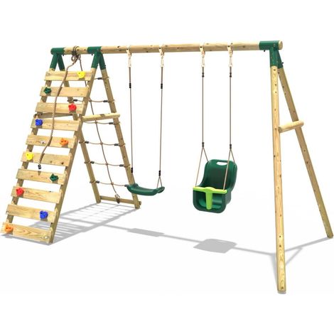 Rebo Wooden Swing Set with Up and Over Climbing Wall - Kai Green (1/5)