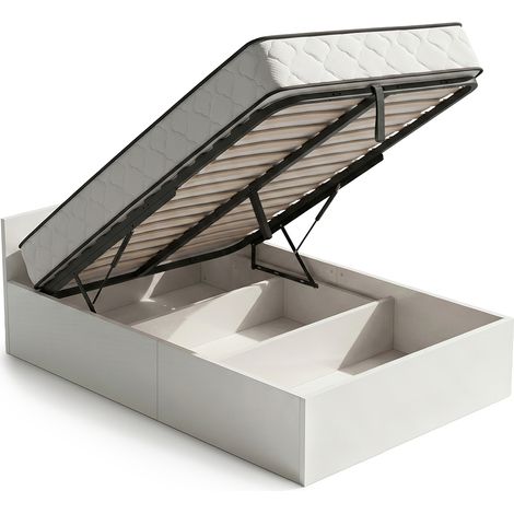 Bett mit Bettkasten 100x200 cm Metalllattenrost aufklappbar und Federkernmatratze Weiß (1/5)