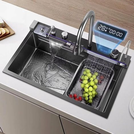 Multifunktionales Edelstahlspülbecken mit Wasserfallarmatur, schwarze Silesia-Emaille (1/5)