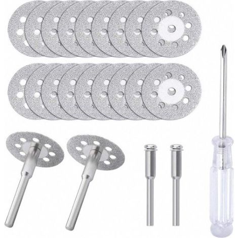20 disques de coupe diamantés de 22 mm, 4 mandrins de 3 mm et 1 tournevis cruciforme pour outils de précision Dremel. (1/5)