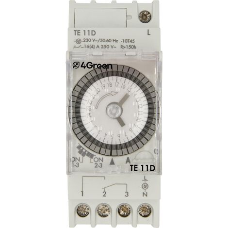 Interrupteur Horaire électromécanique Journalier à Cavaliers Minuterie 2 modules DIN Réserve de Marche 150h Alimentation 230V 4Green TE 11D (1/4)