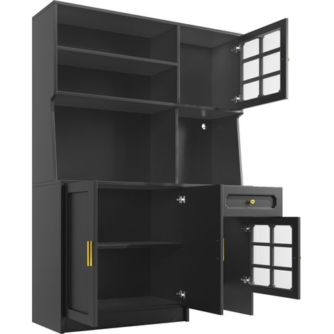 Credenza alta da cucina 130 x 45 x 180 cm con ante in vetro e illuminazione LED nera HOMVRA (1/5)