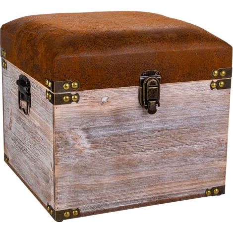 Taburete Cajón de madera y polipiel marrón 30x30x28