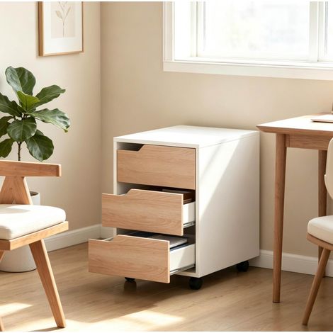 Cajonera móvil con 3 cajones sobre ruedas, blanco y roble DESVIAE (1/5)