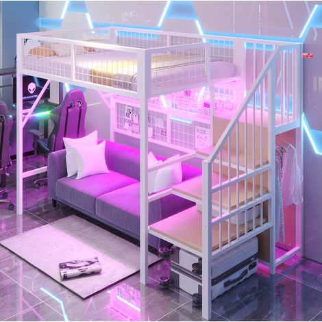 MEUBLIV Letto a soppalco 90x200 cm bianco – LED, contenitore e armadio, senza materasso (1/5)