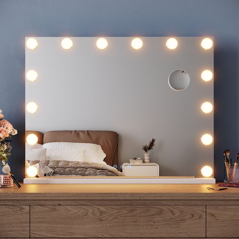 ELEGANT Hollywood Vanity Mirror 80x60cm with Bluetooth Speakers Hanging Makeup Mirror with 14 Dimmable Bulbs and 10X Magnifying Mirror 3 Color Lighting, USB Charging Port