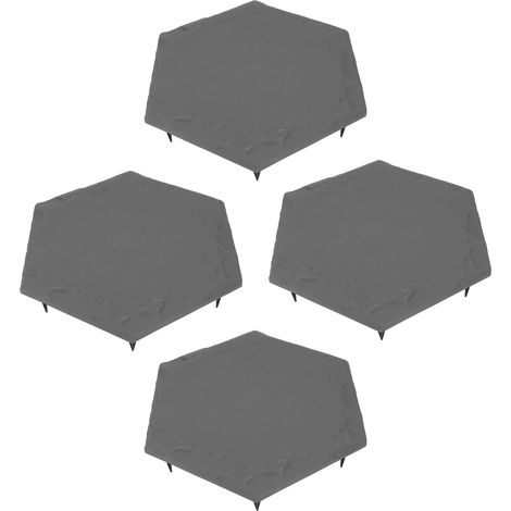 Lot de 4 dalles de jardin avec 24 piquets, résistantes aux intempéries, pour allée, pelouse et chemin. Couleur : gris hexagonal. (1/5)
