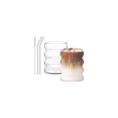 Verres cannelés de 300 ml, lot de 2 verres à café avec pailles en verre côtelées, pour gastronomie, eau, jus de fruits, bière, verres universels (1/5)