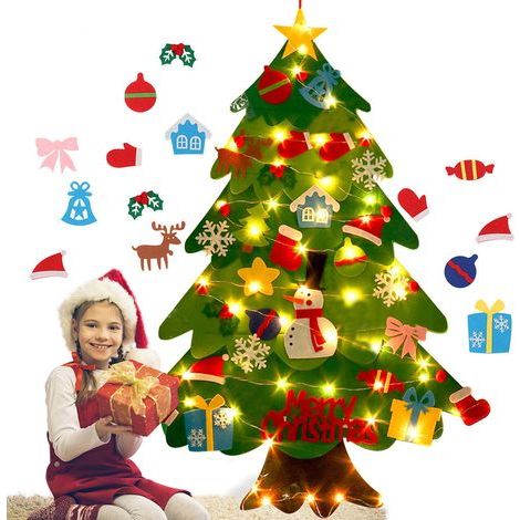 Sapin de Noël en Feutre Bricolage avec Ornements et Guirlande Lumineuse, Jouet éducatif Multifonctionnel, Tissu Doux, Facile à Décorer (Couleur Assortie) (1/5)
