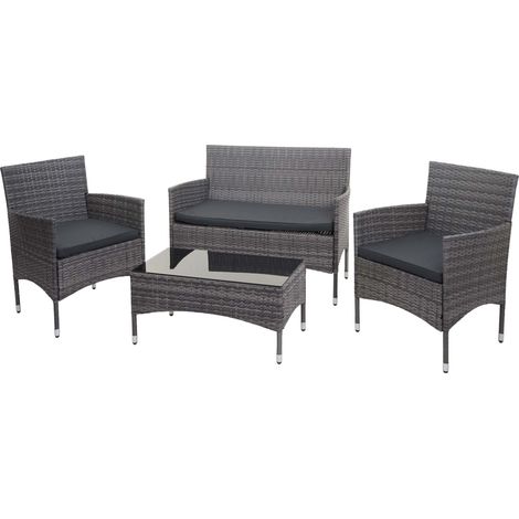Poly-Rattan Garnitur HHG-813, Balkon-/Garten-/Lounge-Set Sofa Sitzgruppe grau, Kissen dunkelgrau