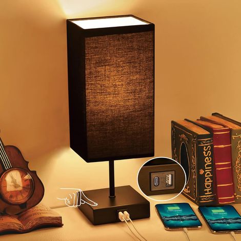 Lampe de chevet tactile noire, lampe de nuit à intensité variable (3 niveaux) avec ports de chargement USB-C et USB-A, abat-jour en tissu, lampe LED pour chambre, salon ou bureau. (1/5)