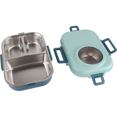 1100 ml doppelwandige, isolierte Lunchbox aus Edelstahl 304, blau, mit Suppenschüssel und Besteck für Schüler, tragbare Lunchbox mit Fächern (1/5)
