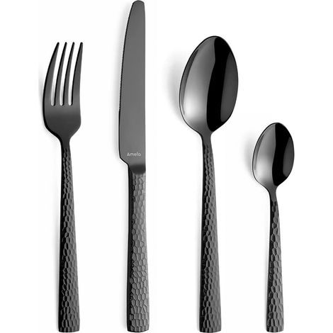Amefa PVD - Set di posate Felicity, 24 pezzi, nero, per 6 persone, acciaio inox 18/0, lama in acciaio inox 13/0, manico martellato, con coltello, forchetta, cucchiaio e cucchiaino da caffè (1/5)