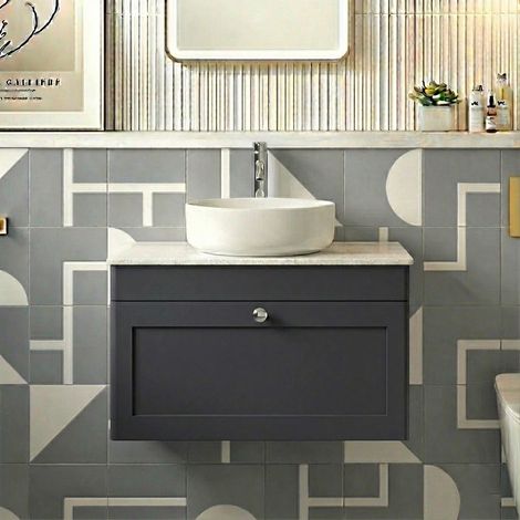 Nuie Classique Wall Hung 1-Drawer Vanity Unit with White Marble Worktop 800mm Wide - Satin Anthracite (1/4)