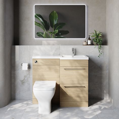 Napoli 390 Light Oak 1000mm 2 Drawer Vanity Unit Toilet Suite with Right Hand Square Lucia Basin - 1000mm - Chrome 320mm HandleWith Kingston Toilet Pan and Seat