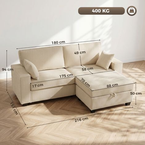 Canapé d'angle beige en velours côtelé, 3 places avec pouf coffre, suspension à ressorts, assise spacieuse, mobilier salon confortable (1/5)