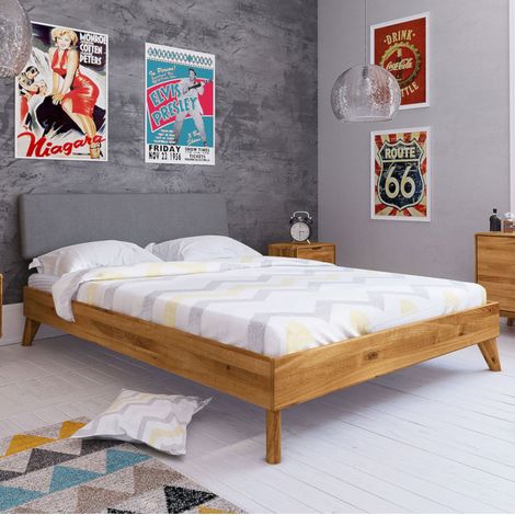 Lit en chêne massif avec tête de lit en tissu 140x190 - LT36010 (1/3)