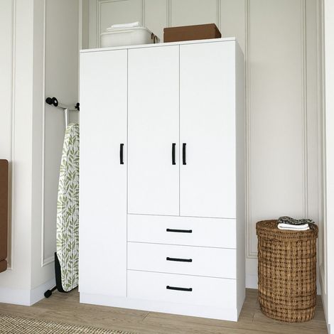 Garderobe 3 Türen Valdengo, Schlafzimmerschrank, 3 Böden, 3 Schubladen, Kleiderstange, 90x47 cm Weiß (1/5)