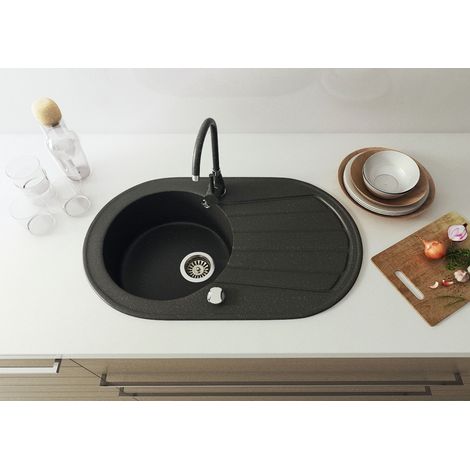 Cleo Küchenspüle Spüle Einbauspüle Granitspüle Spülbecken 78x46,5 cm mit Abtropffläche inkl. Siphon & Drehexzenter Kratzfest, hitzebeständig & für 45 cm Unterschränke Schwarz Gesprenkelt (1/4)