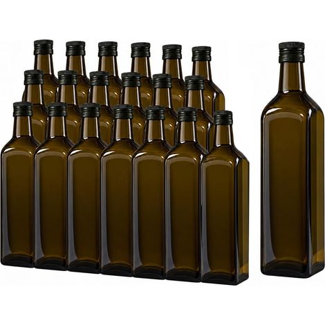 Set 20 bottiglie Marasca in vetro da 1 Litro ml con tappo salvagoccia - Vetro verde UVAG resistente - Ideale per olio, aceto, liquori e condimenti (1/5)