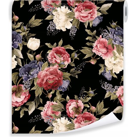Papier peint fleurs pivoines 3D fond noir – déco murale salon chambre – rouleau 0,5 x 10 m – Wallarena