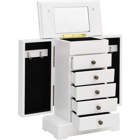 Vidaxl – Armoire à bijoux MDF avec miroir – 5 tiroirs – Dimensions 25 x 13,5 x 34 cm – Rangement sécurisé pour colliers et bracelets – MDF blanc