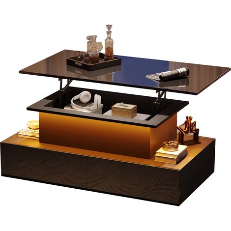 Table basse moderne noire brillante avec LED et 4 tiroirs – table d’appoint élégante 90x55x41 cm avec grand espace de rangement, charge jusqu’à 30 kg (1/5)