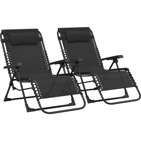 Lot de 2 transats inclinables pliants avec repose-tête en toile textilène, 90 x 65 x 112 cm, noir (1/5)