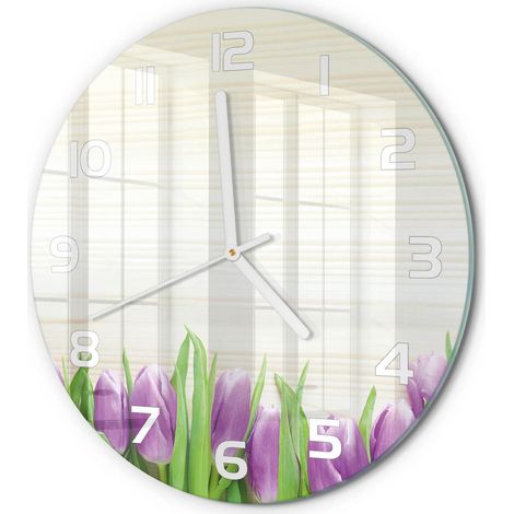 Horloge Murale Ronde Design Contemporain Verre Décoratif pour Salon Tulipes violettes fi 30 cm (1/5)