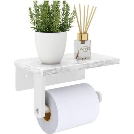 Porte-papier hygiénique avec étagère en marbre naturel, vis en acier inoxydable 304 mural, distributeur de porte-rouleau de papier de soie pour salle de bain et toilettes, blanc (1/5)