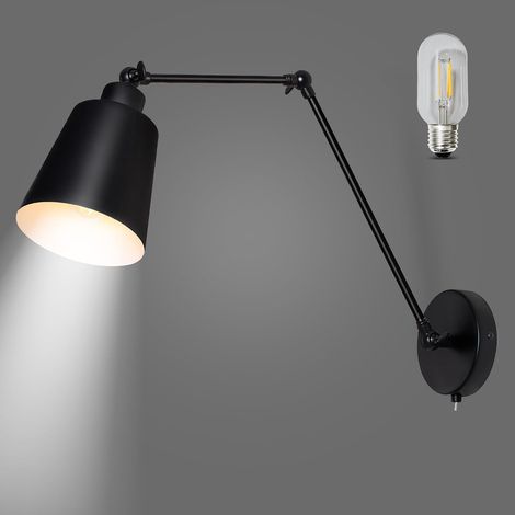 Applique murale noire réglable avec douille E27 et interrupteur Applique murale avec bras Convient pour les salons, les bureaux, les chambres à coucher, les cuisines (ampoule incluse) (1/5)