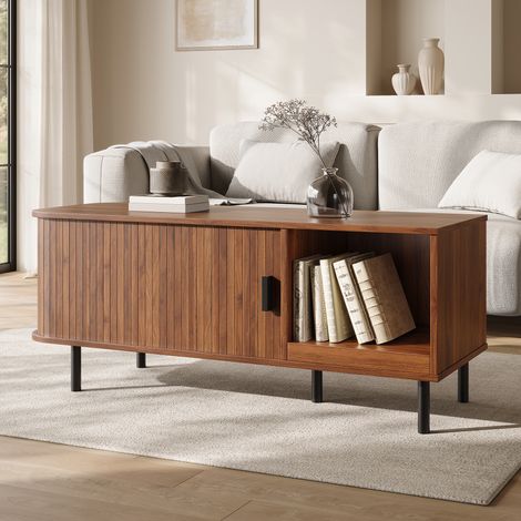 Table basse avec porte coulissante, table de salon moderne avec rangement, table d'appoint rectangulaire à lattes, table de chevet avec compartiment de rangement ouvert pour le salon (1/5)
