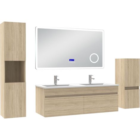 Ocean Ensemble meuble salle de bain 120 cm Chêne Wotan, lavabo céramique + 2 colonnes + Miroir Bluetooth avec 3 couleurs dimmable, suspendu