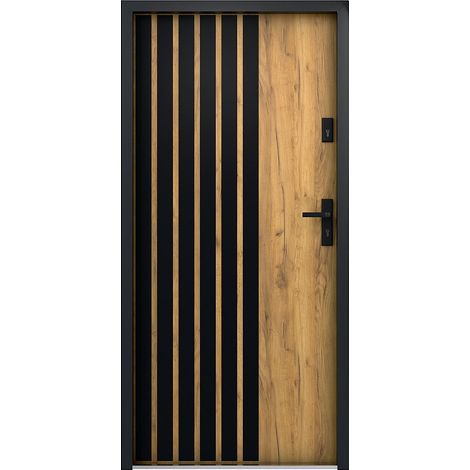 Porte d'entrée pleine en acier H207 x L100 cm - Effet chêne avec rayures noires - poussant gauche - COBRITA
