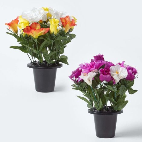 HOMESCAPES Set of 2 Purple, Orange & White Roses & Peonies Artificial Flowers in Grave Vases (1/4)