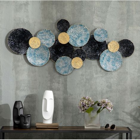 Decorazione murale 3D 121x53 cm, cerchi moderni ondulati, metallo, oro (1/5)