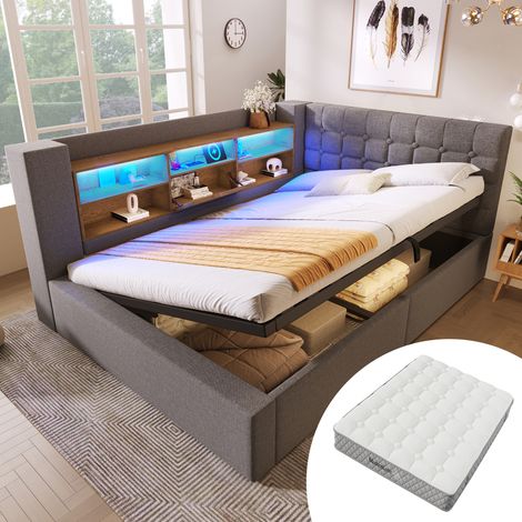 Bett modern 140x200 cm grau aus Leinenstoff mit L-Kopfteil, LED, USB-C, hydraulischem Stauraum und Matratze (1/5)